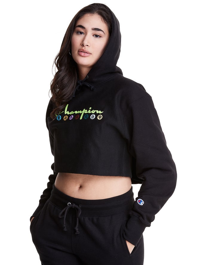 Champion Womens Hoodie NZ - Reverse Weave Cropped Cut-Off Akatsuki Dots Black ( 5628-RGHBU )